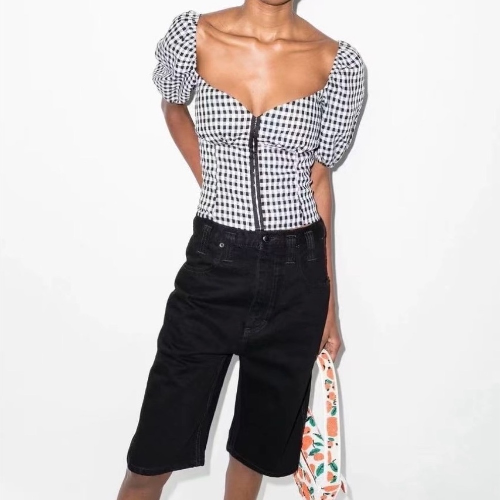 Reformation Monochrome Gingham Puff Sleeve Blouse - Picture 1 of 10
